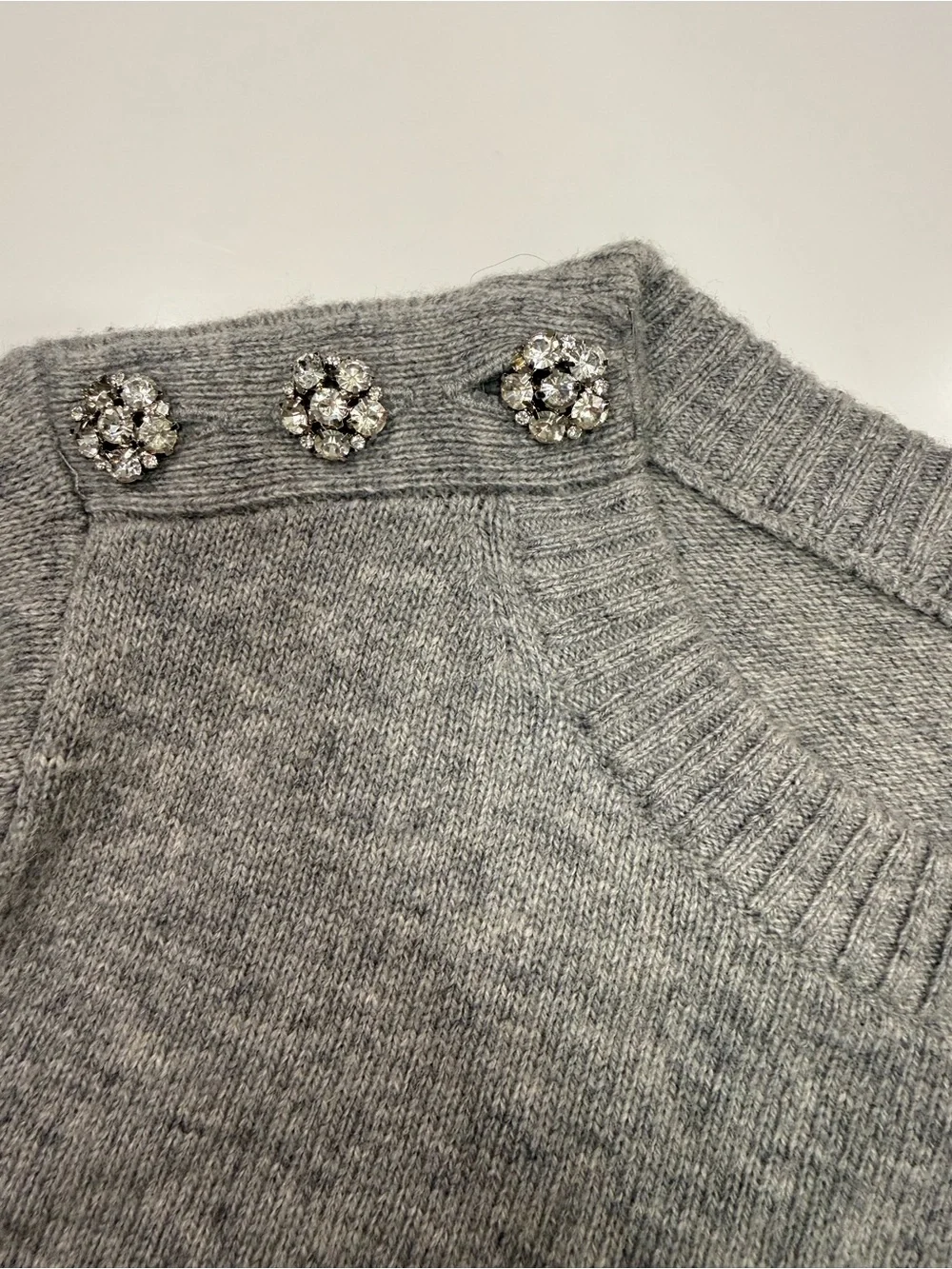 J. Crew Lambs Wool Blend Gray Crewneck Sweater with Shoulder Jewels